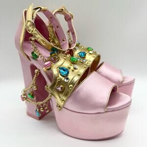 Dolls Kill X Sugar Thrillz Crowned Charmer Platform Chunky Heels Pink/Gold Sz 7